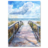 Sunny Coastal Boardwalk Watercolor Painting – Path to the Beach with Ocean Horizon and Sea Grass Accents on Ready to Hang 1.5" Thick Canvas Wrap, Floating Framed Canvas, Flat Rolled Canvas