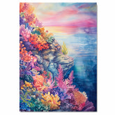 Watercolor Painting of Vibrant Coral Reef with Colorful Underwater Plants and Ocean Sunset in Pink Blue and Golden Tones on Ready to Hang 1.5" Thick Canvas Wrap, Floating Framed Canvas, Flat Rolled Canvas