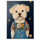 Fluffy White Dog Wall Art Wearing Floral Overalls Whimsical Animal Nursery Decor Farmhouse Bedroom Art Cute Country Cottage Gifts for Dog Lovers and Kids on Ready to Hang 1.5" Thick Canvas Wrap, Floating Framed Canvas, Flat Rolled Canvas