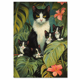 Jungle Retreat: Tuxedo Cat Mom and Four Kittens Exploring a Lush Tropical Paradise on Ready to Hang 1.5" Thick Canvas Wrap, Floating Framed Canvas, Flat Rolled Canvas