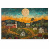 Charming Folk Art Landscape with Country Homes, Sunset Sky, Full Moon, and Flying Birds in a Rustic Americana Scene on Ready to Hang 1.5" Thick Canvas Wrap, Floating Framed Canvas, Flat Rolled Canvas