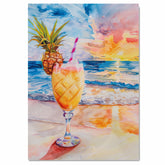 Refreshing Pina Colada on the Beach Watercolor Painting with Pineapple Garnish and Sunset Ocean Background on Ready to Hang 1.5" Thick Canvas Wrap, Floating Framed Canvas, Flat Rolled Canvas