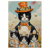 Whimsical Easter Charm: Tuxedo Cat Mom and Three Kittens in Festive Egg Hats on Ready to Hang 1.5" Thick Canvas Wrap, Floating Framed Canvas, Flat Rolled Canvas
