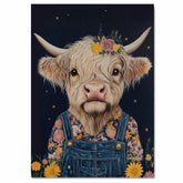 Highland Cow Wall Art Cute Cow in Overalls and Flowers Rustic Farmhouse Decor for Bedroom Nursery or Gifts for Animal Lovers and Country Home Fans on Ready to Hang 1.5" Thick Canvas Wrap, Floating Framed Canvas, Flat Rolled Canvas
