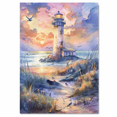 Charming Lighthouse by Ocean Shore at Sunset with Beach Path Seabirds and Colorful Sky in Serene Watercolor Scene on Ready to Hang 1.5" Thick Canvas Wrap, Floating Framed Canvas, Flat Rolled Canvas