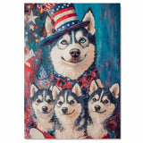 Patriotic Pups: Siberian Husky with Adorable Puppies Dressed in 4th of July Outfits on Ready to Hang 1.5" Thick Canvas Wrap, Floating Framed Canvas, Flat Rolled Canvas