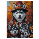 Autumn Breeze: Siberian Husky Mom and Her Three Puppies in a Fall Landscape on Ready to Hang 1.5" Thick Canvas Wrap, Floating Framed Canvas, Flat Rolled Canvas
