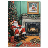 Santa Claus Relaxing in Rocking Chair by Fireplace with Christmas Tree, Gifts and Sleeping Cat in a Warm Holiday Living Room Scene with Garland and Framed Art on Ready to Hang 1.5" Thick Canvas Wrap, Floating Framed Canvas, Flat Rolled Canvas