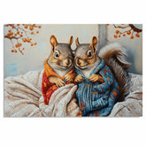 Heartwarming Painting of Two Squirrels in Colorful Knitted Sweaters Snuggled Together in Cozy Blankets Under Autumn Branches with Gentle Expressions on Ready to Hang 1.5" Thick Canvas Wrap, Floating Framed Canvas, Flat Rolled Canvas