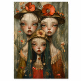 Dreamy Trio of Girls with Floral Hats Hand Painted Art Emotional and Delicate Perfect for Home Wall Decor Living Room Bedroom Office or Unique Gift Idea on Ready to Hang 1.5" Thick Canvas Wrap, Floating Framed Canvas, Flat Rolled Canvas