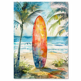 Watercolor Painting of a Multicolored Surfboard Standing Upright on a Tropical Beach with Palm Trees and Ocean Waves on Ready to Hang 1.5" Thick Canvas Wrap, Floating Framed Canvas, Flat Rolled Canvas