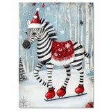 Whimsical Christmas Zebra Ice Skating Print – Cute Striped Animal in Santa Hat & Red Saddle Blanket, Festive Holiday Winter Wall Art, Nursery or Seasonal Decor on Ready to Hang 1.5" Thick Canvas Wrap, Floating Framed Canvas, Flat Rolled Canvas