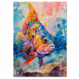 Colorful Watercolor Tropical Fish Close-Up with Rainbow Fins and Abstract Ocean Background for Coastal and Marine Art on Ready to Hang 1.5" Thick Canvas Wrap, Floating Framed Canvas, Flat Rolled Canvas