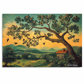 American Folk Art Tree of Birds – Rustic Countryside Wall Art Print with Cabin and Rolling Hills on Ready to Hang 1.5" Thick Canvas Wrap, Floating Framed Canvas, Flat Rolled Canvas