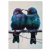 Striking Bird Pair Artwork Featuring Iridescent Teal and Purple Feathers on a Perch with Minimalist Light Background and Subtle Dripping Paint Detail on Ready to Hang 1.5" Thick Canvas Wrap, Floating Framed Canvas, Flat Rolled Canvas