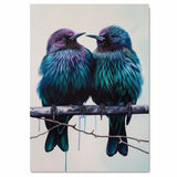 Striking Bird Pair Artwork Featuring Iridescent Teal and Purple Feathers on a Perch with Minimalist Light Background and Subtle Dripping Paint Detail on Ready to Hang 1.5" Thick Canvas Wrap, Floating Framed Canvas, Flat Rolled Canvas