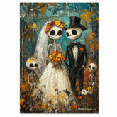 Skeleton Bride and Groom with Children – Día de los Muertos Wedding in Colorful Autumn Forest on Ready to Hang 1.5" Thick Canvas Wrap, Floating Framed Canvas, Flat Rolled Canvas