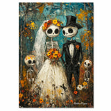 Skeleton Bride and Groom with Children – Día de los Muertos Wedding in Colorful Autumn Forest on Ready to Hang 1.5" Thick Canvas Wrap, Floating Framed Canvas, Flat Rolled Canvas