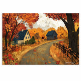 Charming Country Road in Autumn with Cozy Cottages and Foliage – Rustic Folk Art Landscape on Ready to Hang 1.5" Thick Canvas Wrap, Floating Framed Canvas, Flat Rolled Canvas