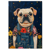 Adorable Bulldog Wall Art Dog in Floral Shirt and Overalls Farmhouse Nursery Decor Whimsical Dog Lover Gift Cottagecore Bedroom Accent Country Wall Art on Ready to Hang 1.5" Thick Canvas Wrap, Floating Framed Canvas, Flat Rolled Canvas