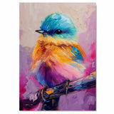 Whimsical Baby Bird Perched on Branch in Bright Blue Pink and Yellow Oil Style with Playful Expressive Brushwork for Nature and Color Enthusiasts on Ready to Hang 1.5" Thick Canvas Wrap, Floating Framed Canvas, Flat Rolled Canvas