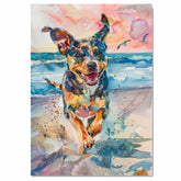 Watercolor Dog Running on Shore with Sunset and Birds in Joyful Coastal Pet Art for Beach Decor and Animal Lovers on Ready to Hang 1.5" Thick Canvas Wrap, Floating Framed Canvas, Flat Rolled Canvas
