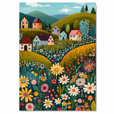 Whimsical Folk Art Canvas – Colorful Cottages and Wildflower Meadows on Lush Rolling Green Hills on Ready to Hang 1.5" Thick Canvas Wrap, Floating Framed Canvas, Flat Rolled Canvas