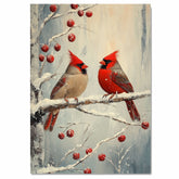Elegant Retro Painting of Two Red Cardinals on a Snowy Branch with Winter Berries Perfect for Christmas Decor or Seasonal Nature Inspired Gift on Ready to Hang 1.5" Thick Canvas Wrap, Floating Framed Canvas, Flat Rolled Canvas