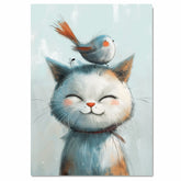 Happy Calico Cat with Orange-Tailed Bird on Head Adorable Animal Illustration for Kids Room or Nursery Whimsical Art Print for Cat and Bird Lovers on Ready to Hang 1.5" Thick Canvas Wrap, Floating Framed Canvas, Flat Rolled Canvas
