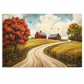 Winding Country Road to Red Barns – Autumn Folk Art Print Featuring Rustic Landscape and Fall Colors on Ready to Hang 1.5" Thick Canvas Wrap, Floating Framed Canvas, Flat Rolled Canvas