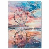 Watercolor Painting of a Ferris Wheel on a Beach Pier with Sunset Reflections in Ocean Water and Pastel Sky Tones on Ready to Hang 1.5" Thick Canvas Wrap, Floating Framed Canvas, Flat Rolled Canvas