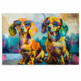 Colorful Dachshund Art Print Featuring Two Funky Dogs in Sunglasses Vibrant Pop Style Canvas Wall Art for Fun Home Decor and Unique Dog Lover Gifts on Ready to Hang 1.5" Thick Canvas Wrap, Floating Framed Canvas, Flat Rolled Canvas