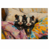 Sweet Painting of Two Baby Skunks Nestled in Colorful Bedding with Curious Faces and Bright Eyes Surrounded by Soft Pillows and Vibrant Brushstrokes on Ready to Hang 1.5" Thick Canvas Wrap, Floating Framed Canvas, Flat Rolled Canvas