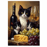 Wine and Whiskers: Tuxedo Cat Mom and Kittens Among Grapes and Cheese on Ready to Hang 1.5" Thick Canvas Wrap, Floating Framed Canvas, Flat Rolled Canvas