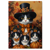 Autumn Whimsy: Tuxedo Cat Mom and Three Kittens in Festive Costumes with Pumpkins on Ready to Hang 1.5" Thick Canvas Wrap, Floating Framed Canvas, Flat Rolled Canvas