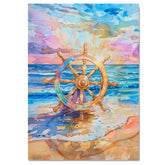 Watercolor Painting of Colorful Nautical Ship Wheel on Beach with Ocean Waves and Sunset Sky in Shades of Blue and Coral on Ready to Hang 1.5" Thick Canvas Wrap, Floating Framed Canvas, Flat Rolled Canvas