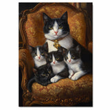 Victorian Elegance: Tuxedo Cat Mom with Four Kittens on a European Style Couch on Ready to Hang 1.5" Thick Canvas Wrap, Floating Framed Canvas, Flat Rolled Canvas