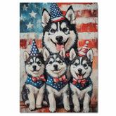 Stars & Stripes Siberian Style: Husky Mom with Cute 4th of July Puppies on Ready to Hang 1.5" Canvas Wrap, Floating Frame, or Rolled Canvas Print