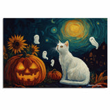 Halloween Cat Art – White Kitty, Glowing Pumpkin, Flying Ghosts, and Sunflowers Under a Van Gogh-Inspired Night Sky on Ready to Hang 1.5" Thick Canvas Wrap, Floating Framed Canvas, Flat Rolled Canvas