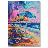 Vibrant Watercolor Painting of Beach Chairs and Umbrellas by the Ocean on Ready to Hang 1.5" Thick Canvas Wrap, Floating Framed Canvas, Flat Rolled Canvas