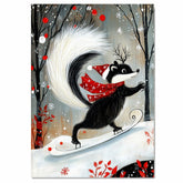 Whimsical Christmas Skunk Ice Skating – Red Scarf, Santa Hat & Twig Antlers Animal Art Print, Woodland Holiday Wall Decor, Winter Nursery Illustration on Ready to Hang 1.5" Thick Canvas Wrap, Floating Framed Canvas, Flat Rolled Canvas