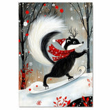 Whimsical Christmas Skunk Ice Skating – Red Scarf, Santa Hat & Twig Antlers Animal Art Print, Woodland Holiday Wall Decor, Winter Nursery Illustration on Ready to Hang 1.5" Thick Canvas Wrap, Floating Framed Canvas, Flat Rolled Canvas
