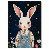 Adorable White Bunny in Floral Overalls Hand Painted Art Magical Starry Night Scene Perfect for Nursery Kids Room Home Wall Decor Bedroom or Gift on Ready to Hang 1.5" Thick Canvas Wrap, Floating Framed Canvas, Flat Rolled Canvas