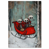 Whimsical Skeleton Sleigh Ride Christmas Print – Gothic Holiday Wall Art with Skeleton Friends in Red Sleigh, Spooky Winter Decor, Quirky Festive Illustration on Ready to Hang 1.5" Thick Canvas Wrap, Floating Framed Canvas, Flat Rolled Canvas