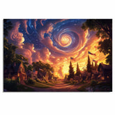Glowing 4th of July Village at Dusk with Swirling Sky and Flags, Whimsical Americana Scene with Magical Clouds, Starlight, and Patriotic Celebration on Ready to Hang 1.5" Thick Canvas Wrap, Floating Framed Canvas, Flat Rolled Canvas