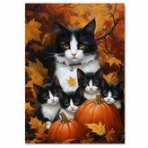 Autumn Whimsy: Tuxedo Cat Mom and Four Kittens with Pumpkin in a Fall Landscape on Ready to Hang 1.5" Thick Canvas Wrap, Floating Framed Canvas, Flat Rolled Canvas