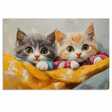 Painting of Two Cute Kittens Snuggled Together in Pajamas with Big Eyes and Soft Fur Resting on a Bright Yellow Blanket in a Cozy and Whimsical Setting on Ready to Hang 1.5" Thick Canvas Wrap, Floating Framed Canvas, Flat Rolled Canvas