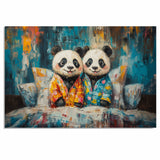 Cheerful Painting of Two Panda Bears in Colorful Pajamas Sitting on a Bed Surrounded by Bright Pillows with Joyful Faces and a Vivid Abstract Background on Ready to Hang 1.5" Thick Canvas Wrap, Floating Framed Canvas, Flat Rolled Canvas