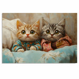 Painting of Two Cute Kittens in Colorful Pajamas Sitting Together Under a Blanket with Big Eyes and Soft Fur in a Cozy Setting with Warm Expressive Brush Strokes on Ready to Hang 1.5" Thick Canvas Wrap, Floating Framed Canvas, Flat Rolled Canvas