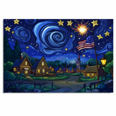 Whimsical 4th of July Village Scene with Fireworks, American Flag, and Starry Swirling Sky, Glowing Homes and a Festive Night Full of Wonder and Celebration on Ready to Hang 1.5" Thick Canvas Wrap, Floating Framed Canvas, Flat Rolled Canvas